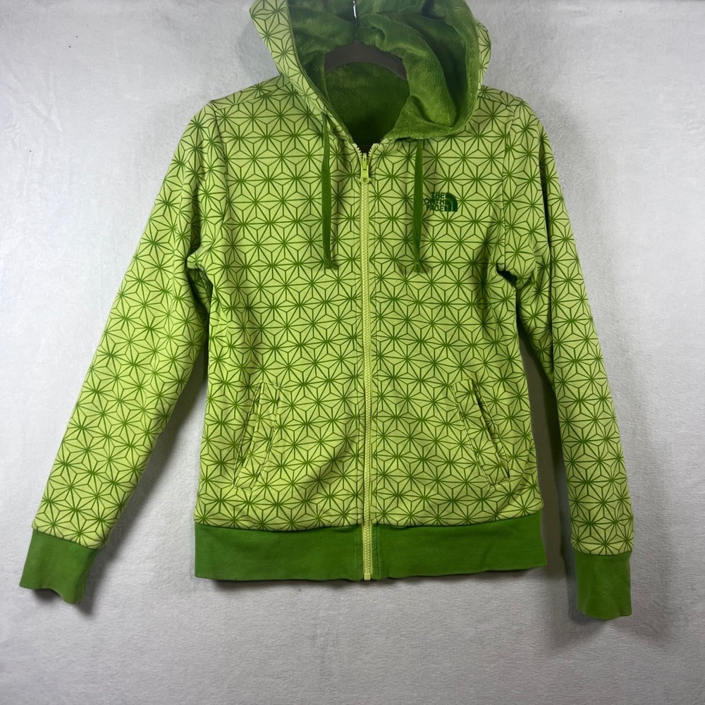 The North Face Reversible Full Zip Hoodie Lime Green Geometric Fleece Womens S